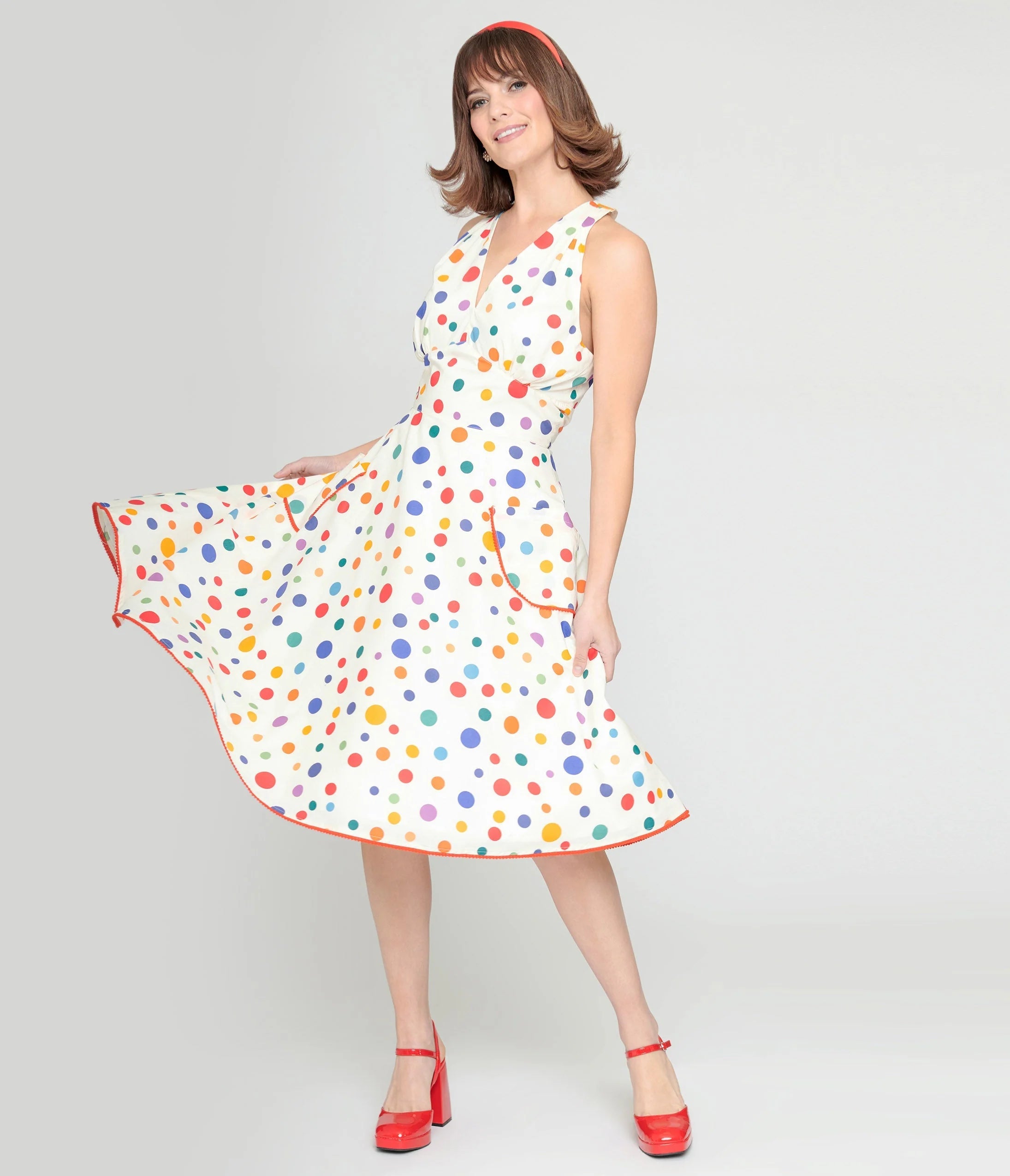 shift casual dress-Rainbow Polka Dot Cotton Halter Swing Dress