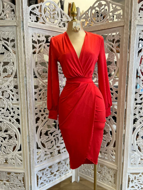 beige linen dress-Red  Draped Midi Dress- Very Stretchy