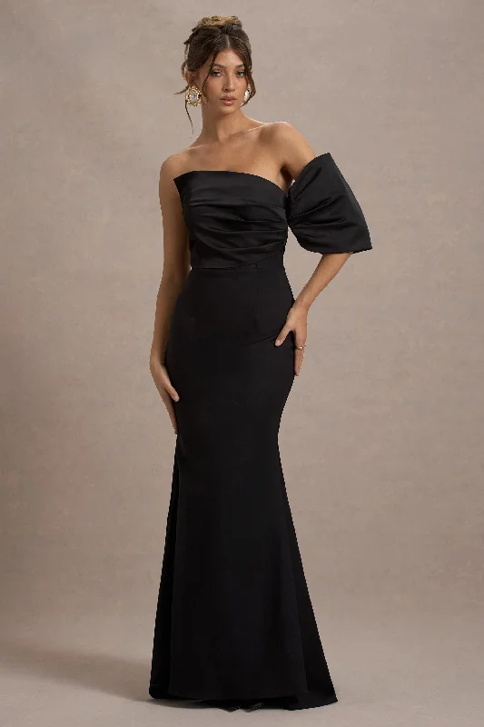 black cocktail dress-Rosora | Black Asymmetric One-Sleeve Fishtail Maxi Dress