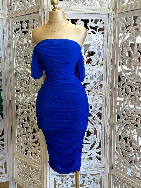 backless maxi dress-Royal Blue Off Shoulder Midi Ruched Dress- Stretchy