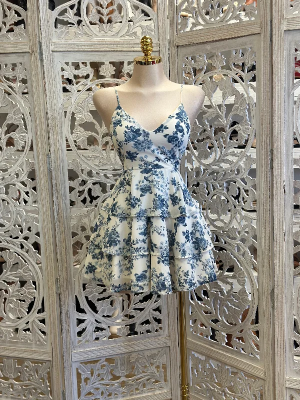 backless prom dress-Ruffled Blue Floral Mini Dress- Slightly Stretchy