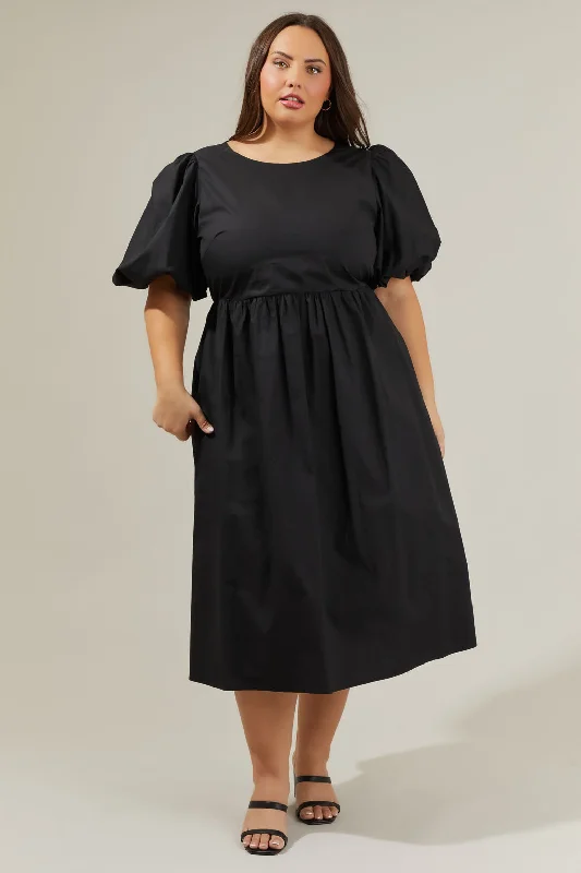 pleated prom dress-Rye Poplin Puff Sleeve Midi Dress Curve