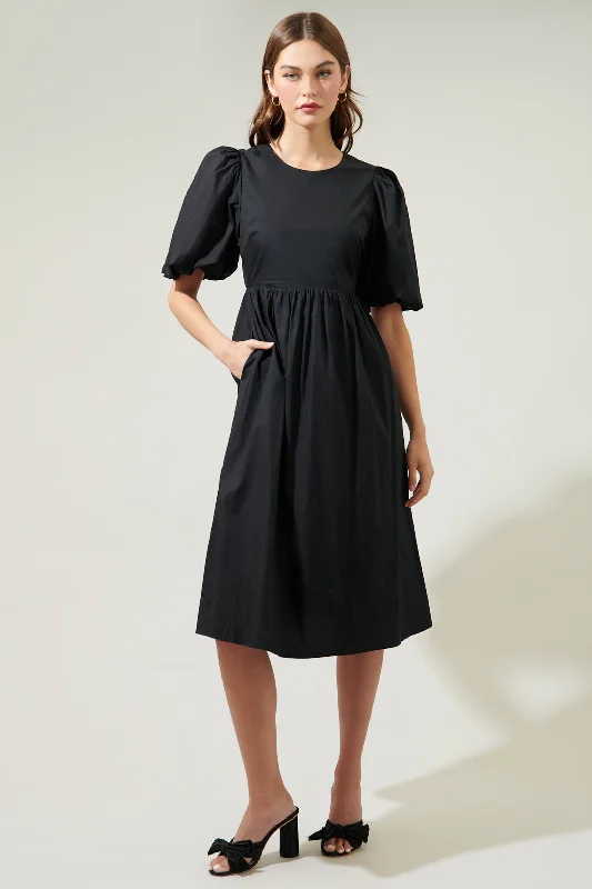 ruffled prom dress-Rye Poplin Puff Sleeve Midi Dress