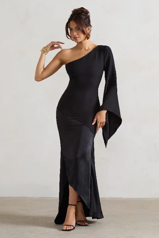 striped evening dress-Salem | Black Asymmetric Cape-Sleeve Maxi Dress With Satin Skirt