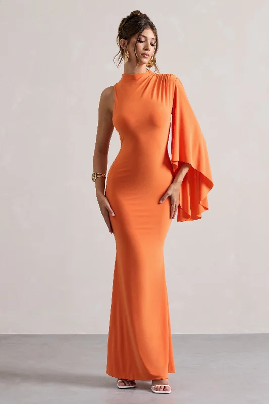 flowy midi dress-Samaya | Orange High-Neck Cape-Sleeve Maxi Dress