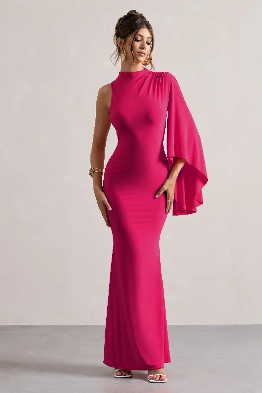 sapphire blue evening dress-Samaya | Pink High-Neck Cape-Sleeve Maxi Dress