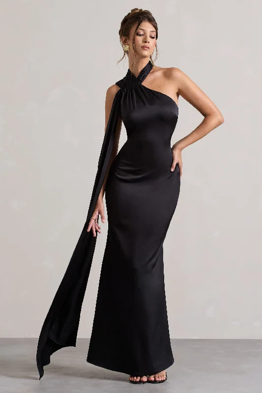 chic wrap dress-Sancia | Black Satin Asymmetric Maxi Dress With Sash