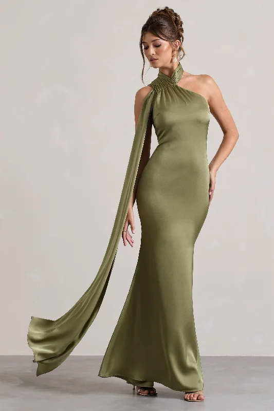 elegant satin dress-Sancia | Olive Satin Asymmetric Maxi Dress With Sash