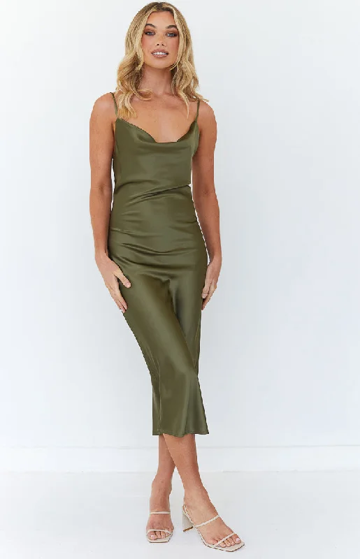 A-line evening dress-Schiffer Slip Midi Dress Khaki