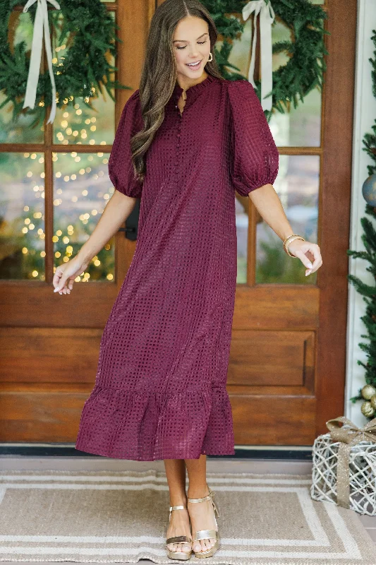 ruby red cocktail dress-See The Light Burgundy Textured Midi Dress