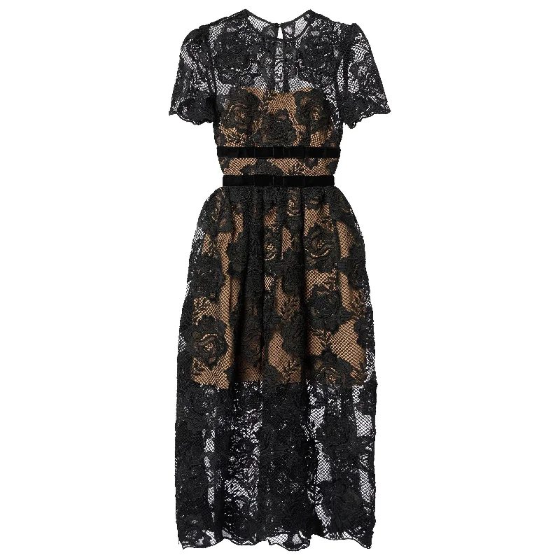 grey evening dress-Self-Portrait Women's Lace Velvet Bow Midi Dress, Black