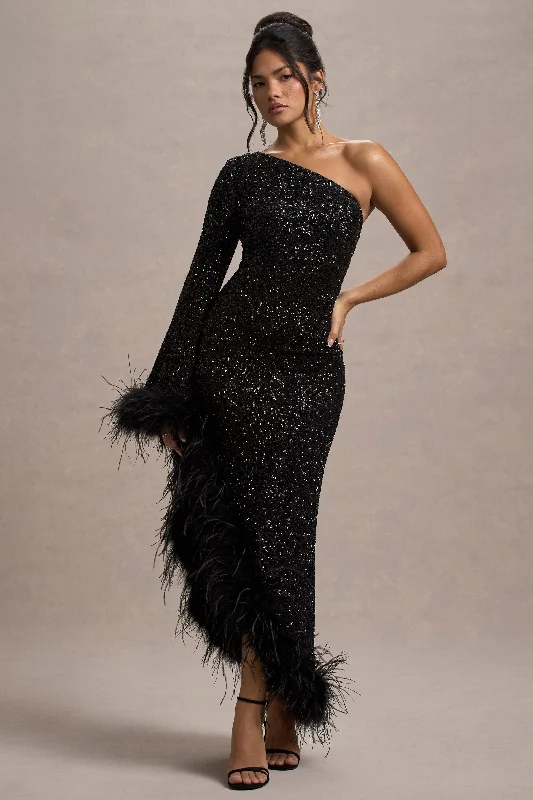 empire waist sundress-Shadow | Black Sequin One-Shoulder Feather Trim Maxi Dress