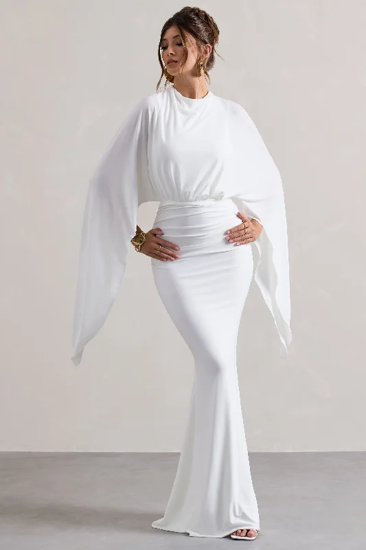 A-line prom dress-Shea | White High-Neck Cape Sleeve Maxi Dress