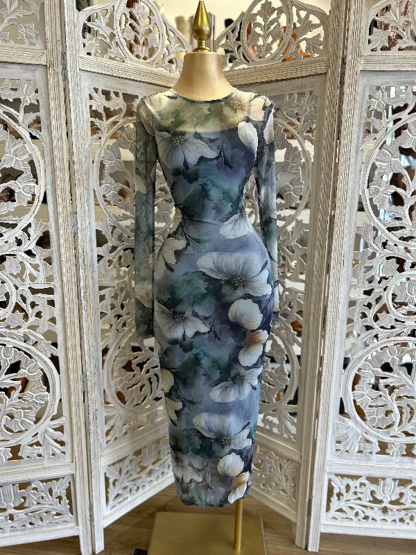 emerald green evening dress-Sheer Floral Blue Print Midi Dress- Stretchy