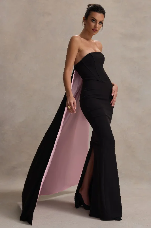 knit midi dress-She's Trouble | Black Bandeau Maxi Dress With Pink Cape