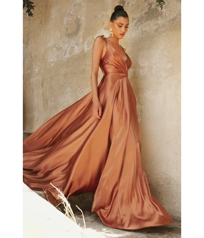 gold prom dress-Cinderella Divine  Sienna Flowy Satin A-Line Bridesmaid Gown