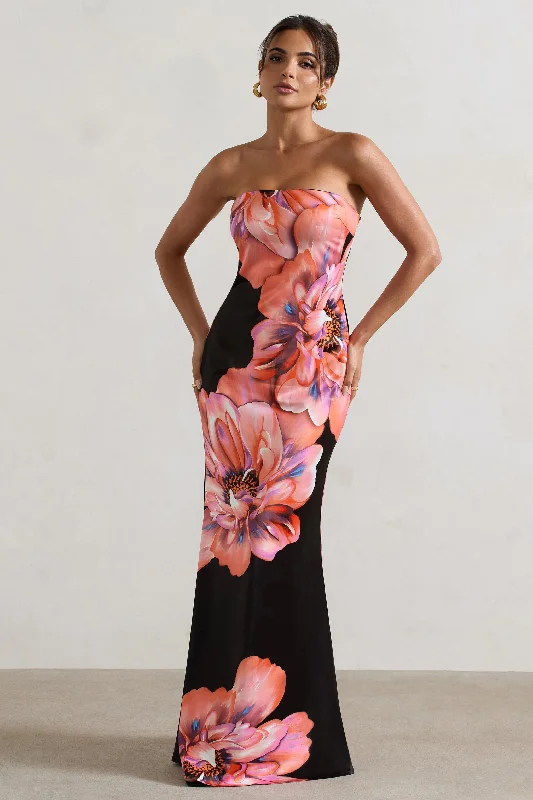 black lace dress-Sofiane | Black & Pink Floral Print Bandeau Maxi Dress