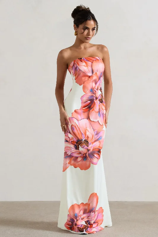 champagne evening dress-Sofiane | Cream & Pink Floral Print Bandeau Maxi Dress