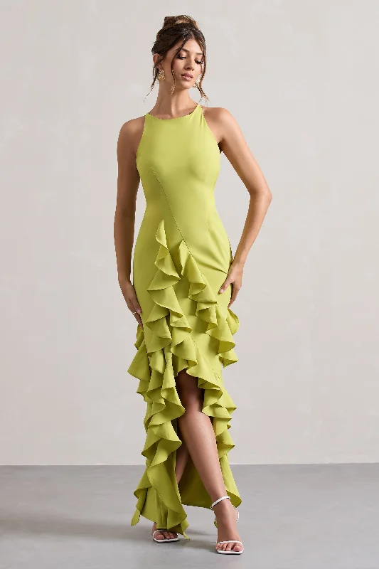 gold evening dress-Sommer | Lime Green Racer-Neck Ruffle Maxi Dress