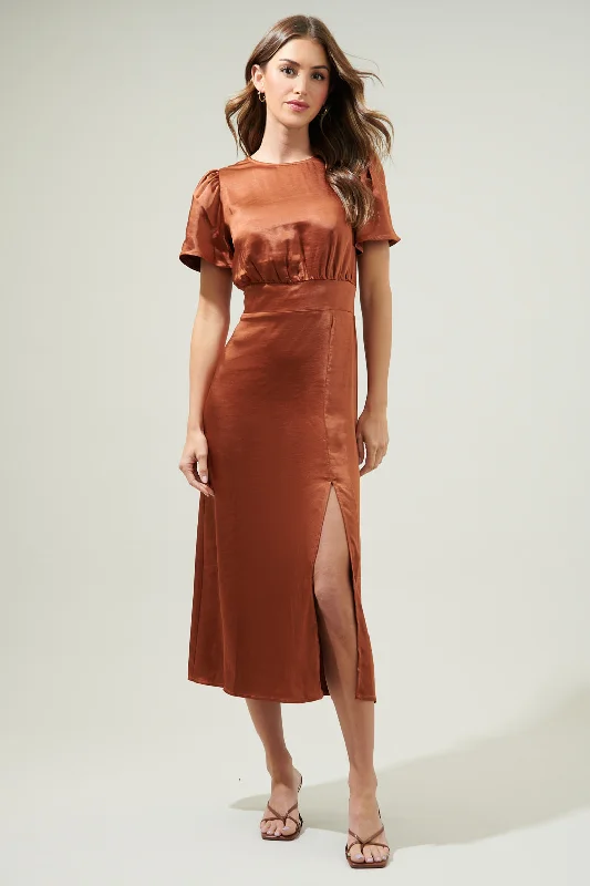 button down dress-Spice Satin Bloom Midi Dress