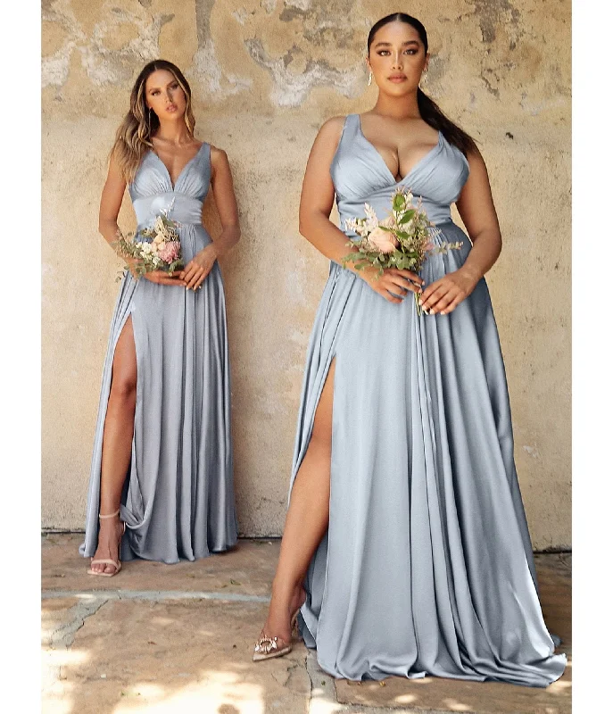 asymmetrical prom dress-Cinderella Divine  Steel Blue Glamour Satin A-Line Bridesmaid Dress