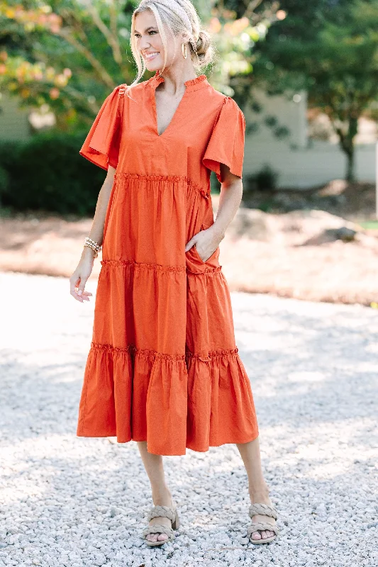 lavender prom dress-Sugarlips: Make A Statement Rust Orange Tiered Midi Dress