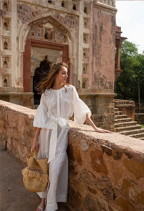 blush pink sundress-Sunshine Babe Embroidered Ramie Full Sleeve Long Shirtdress Simply White