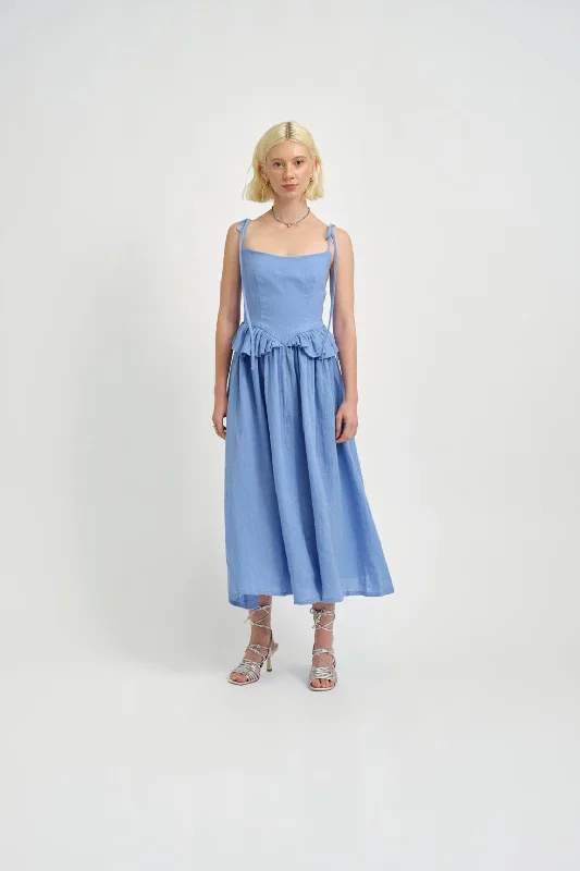 short sleeve evening dress-Tessa Dress Blue Linen