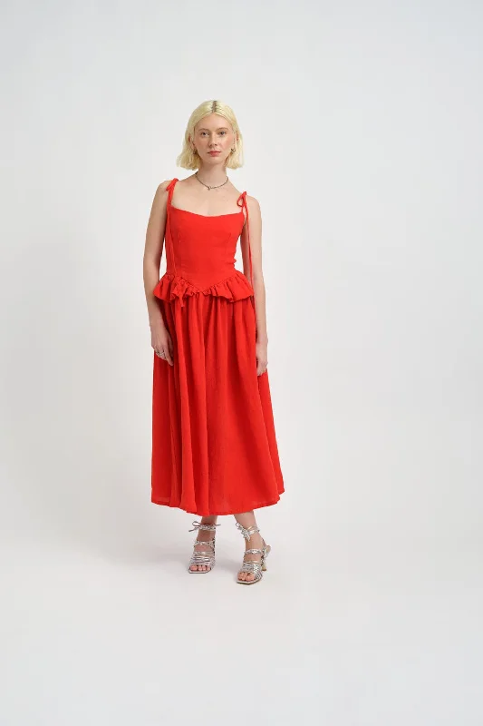 vintage evening dress-Tessa Dress Red Linen