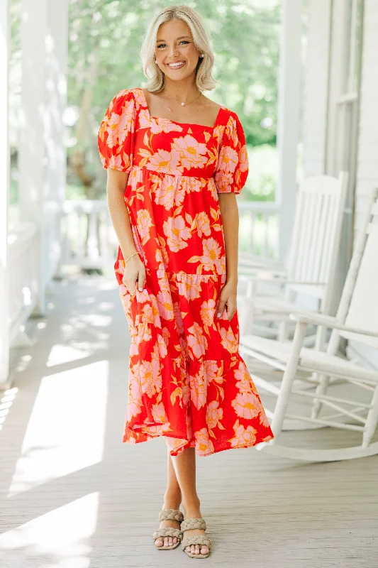 pleated maxi dress-Think About It Red Floral Midi Dress