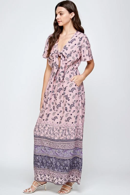 short sleeve maxi dress-Tie Front Border Print Maxi Dress