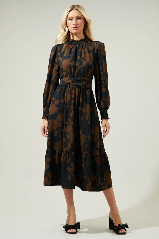 short sleeve evening dress-Toffee Floral Caitlyn Smock Sleeve Midi Dress