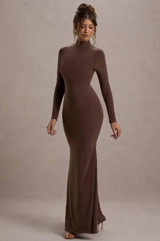 party sequin dress-Tova | Chocolate High-Neck Long-Sleeve Maxi Dress