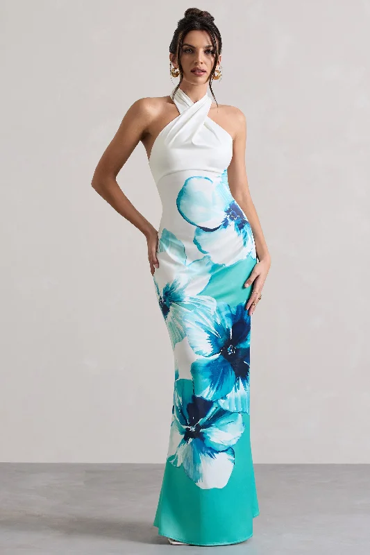 floral boho dress-Tropicana | Blue Floral Satin Cross Over Halterneck Maxi Dress