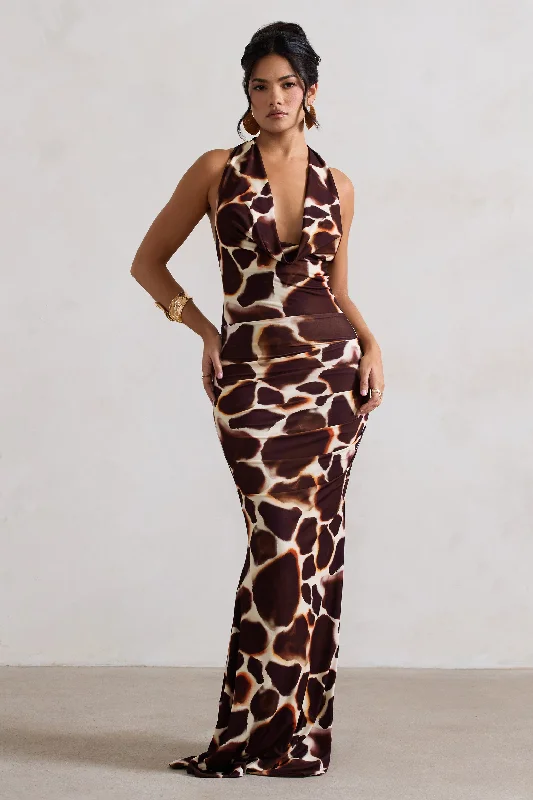 empire waist cocktail dress-Tulum | Giraffe Print Cowl-Neck Gathered Split Maxi Dress