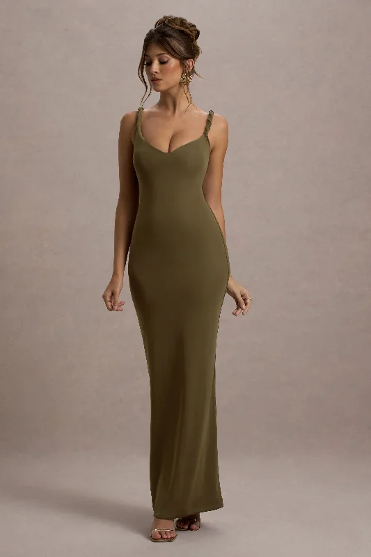 A-line cocktail dress-Twist Of Fate | Khaki Green Twist-Neck Maxi Dress