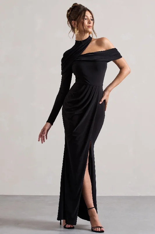 bodycon prom dress-Tyla | Black Asymmetric High-Neck Split Maxi Dress