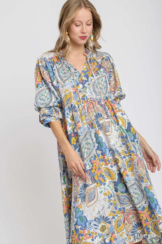 embroidered boho dress-Umgee Women's Dresses A-Line Midi Dress Tie 3/4 Puff