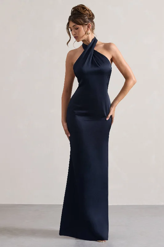 cold shoulder sundress-Unbeatable | Navy Satin Cross Over Halterneck Maxi Dress