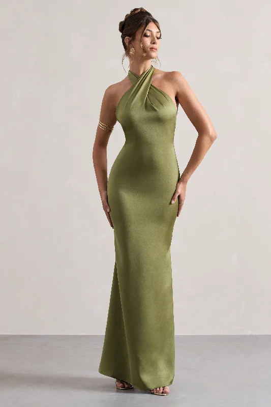 mermaid prom dress-Unbeatable | Olive Satin Cross Over Halter-Neck Maxi Dress