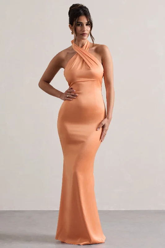 ruby red dress-Unbeatable | Peach Satin Cross Over Halter-Neck Maxi Dress