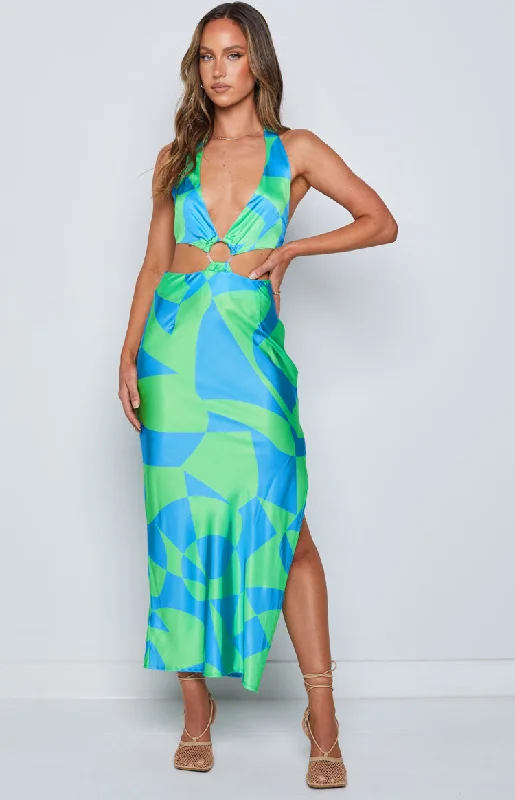 coral evening dress-Underwater Green Print Midi Dress