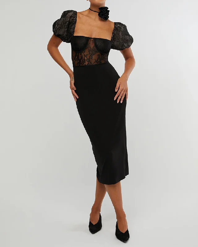 empire waist dress-Underwire Corset Midi Lace Dress