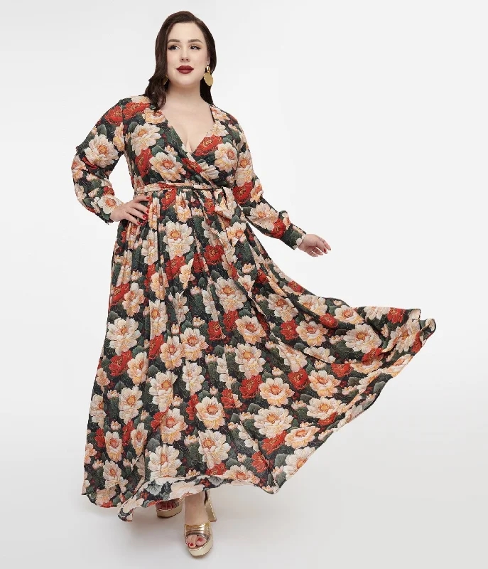 high low cocktail dress-Unique Vintage Plus Size 1970s White & Red Floral Farrah Maxi Dress