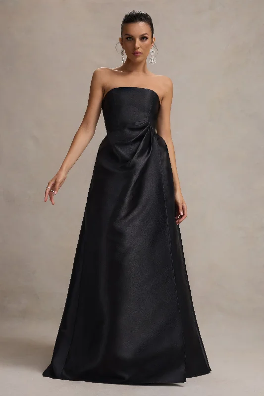 high low maxi dress-Universe | Black Bandeau Puff-Skirt Split Maxi Dress