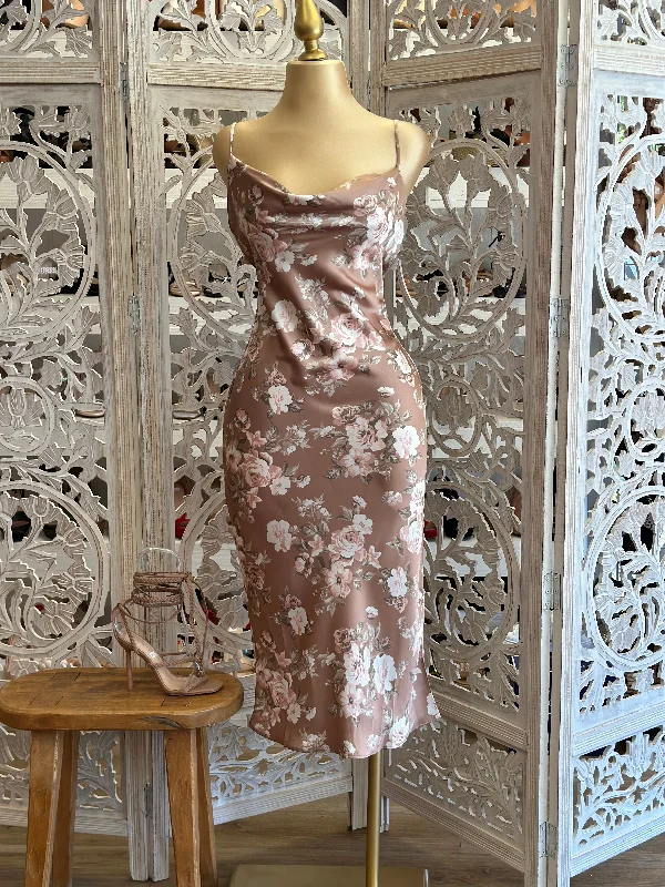 champagne sundress-Beige Floral Cowl Midi Dress