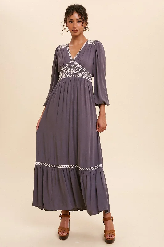 plaid shirt dress-V-Neck Embroidered Maxi Dress