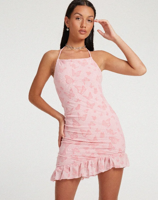 ruffled prom dress-Vania Mini Dress in Butterfly Pink Flock