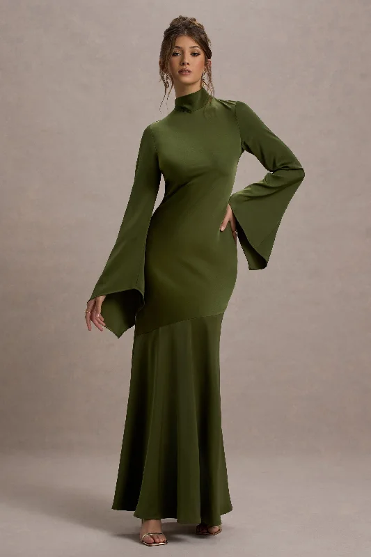 bodycon midi dress-Veena | Olive Green Satin High-Neck Maxi Dress