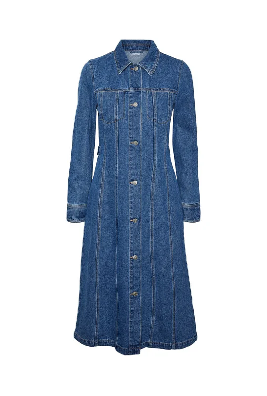 sapphire blue sundress-VERO MODA FINLEY LS CALF DENIM DRESS